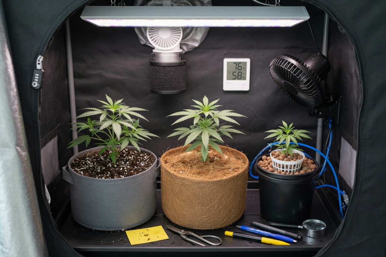 Clean, photorealistic flat-lay still life on a neutral tabletop: three compact grow setups arranged