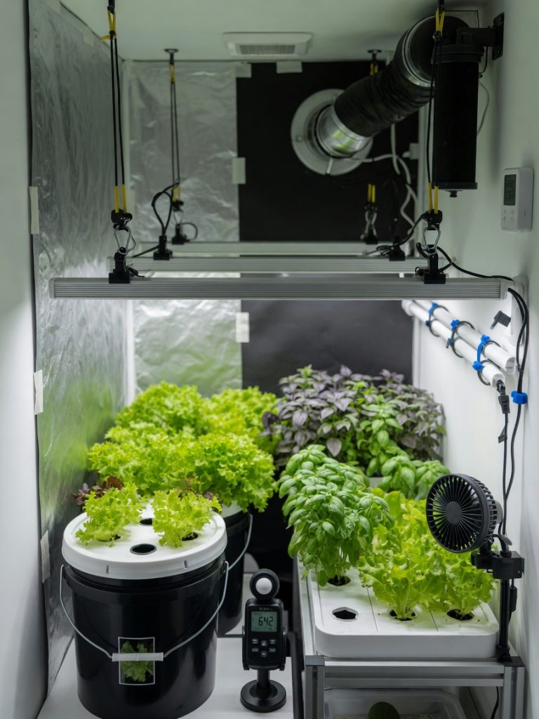 Photorealistic wide shot inside an open grow tent illustrating an energy-efficient microclimate layout: Mylar-lined