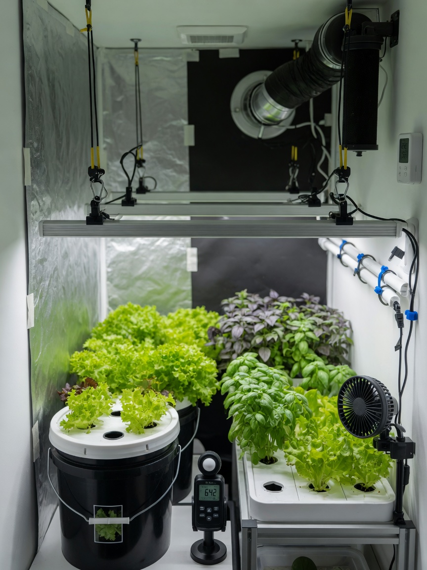 Photorealistic wide shot inside an open grow tent illustrating an energy-efficient microclimate layout: Mylar-lined
