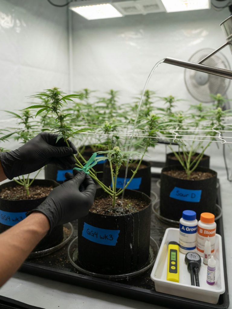 Top-down overhead shot inside a legal indoor grow tent: a single healthy cannabis plant