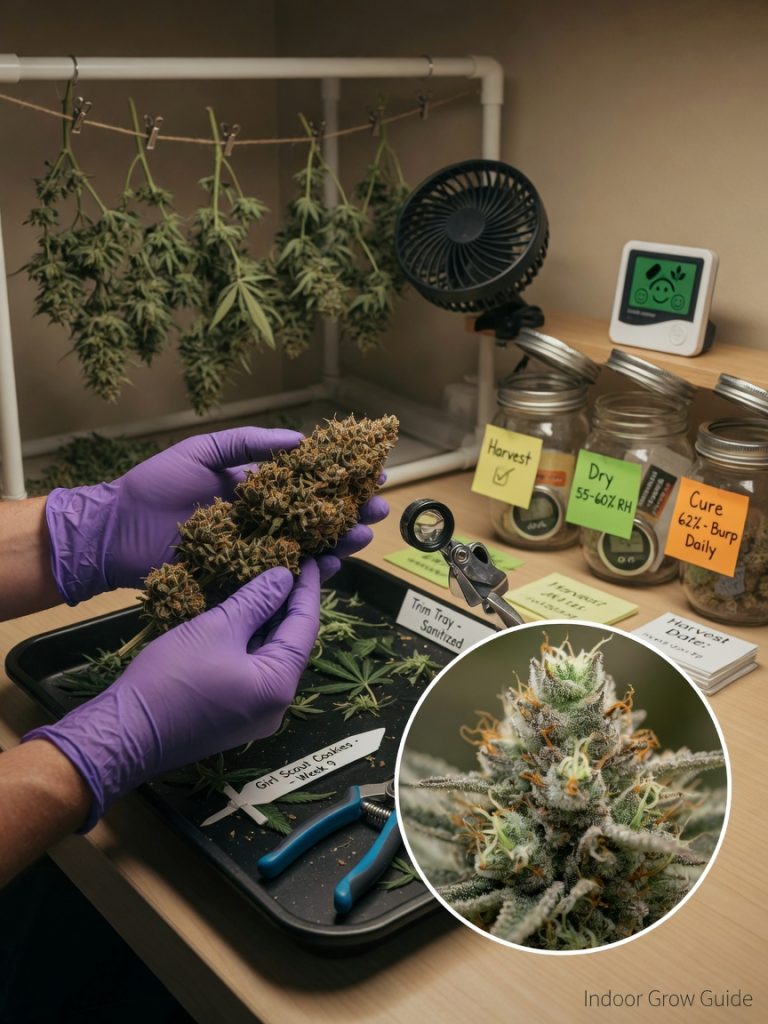 Educational photo of gloved hands inspecting a ripe cannabis cola with a loupe, macro