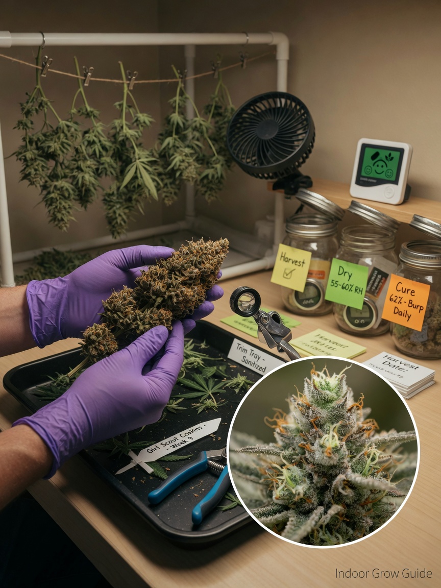 Educational photo of gloved hands inspecting a ripe cannabis cola with a loupe, macro